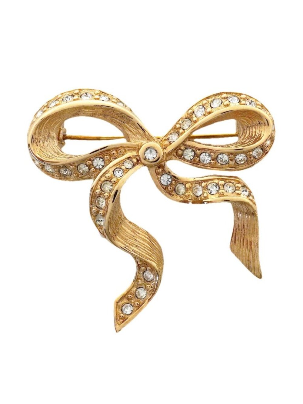 Dior Brooch Ribbon Motif Gold Plated Rhinestone